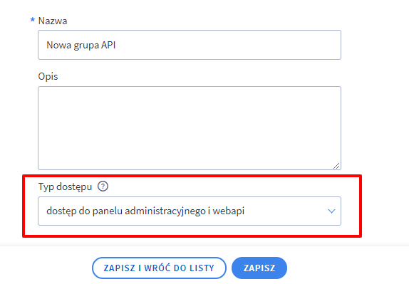 API configuration in Shoper, screenshot 2