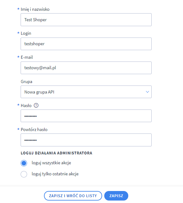 API configuration in Shoper, screenshot 5
