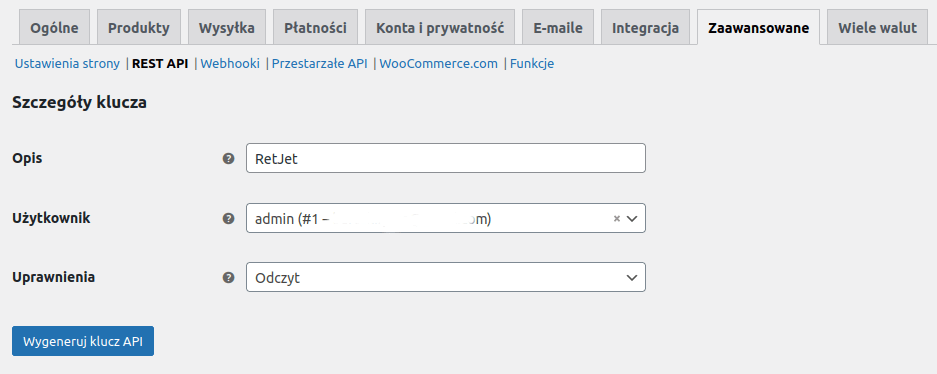 API configuration in WooCommerce, screenshot 2