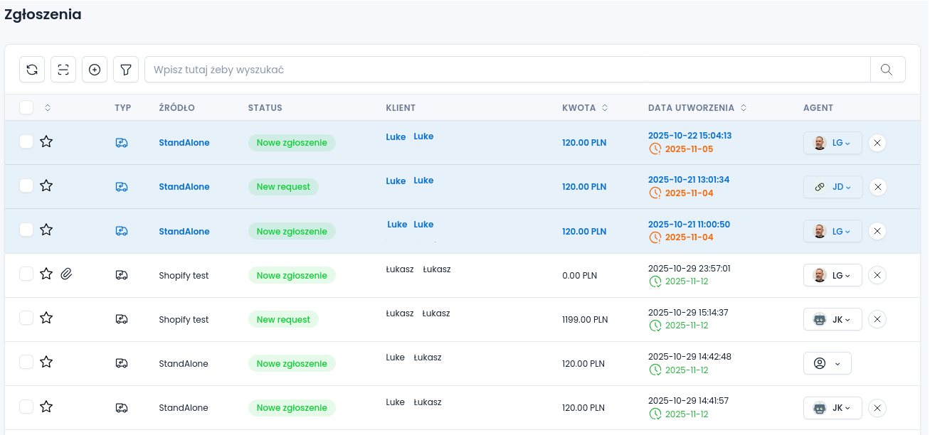List of return requests in the RetJet dashboard