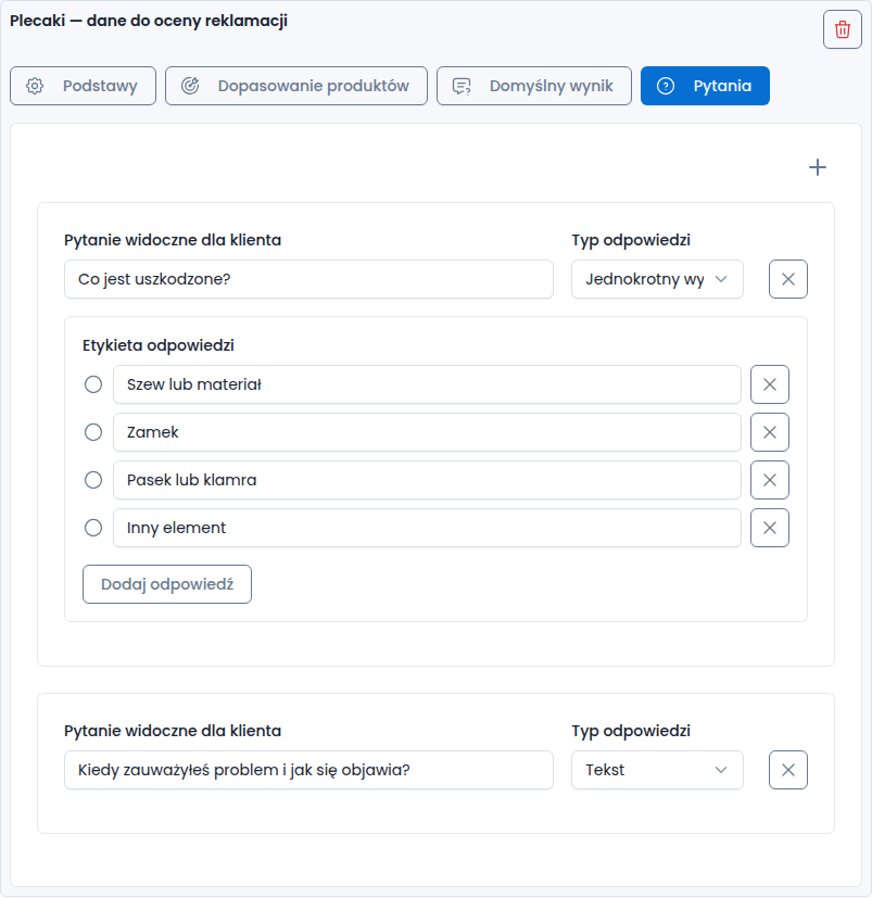 RetJet product-rule editor showing questions about the damaged part of a backpack and a text field for symptoms, in Polish